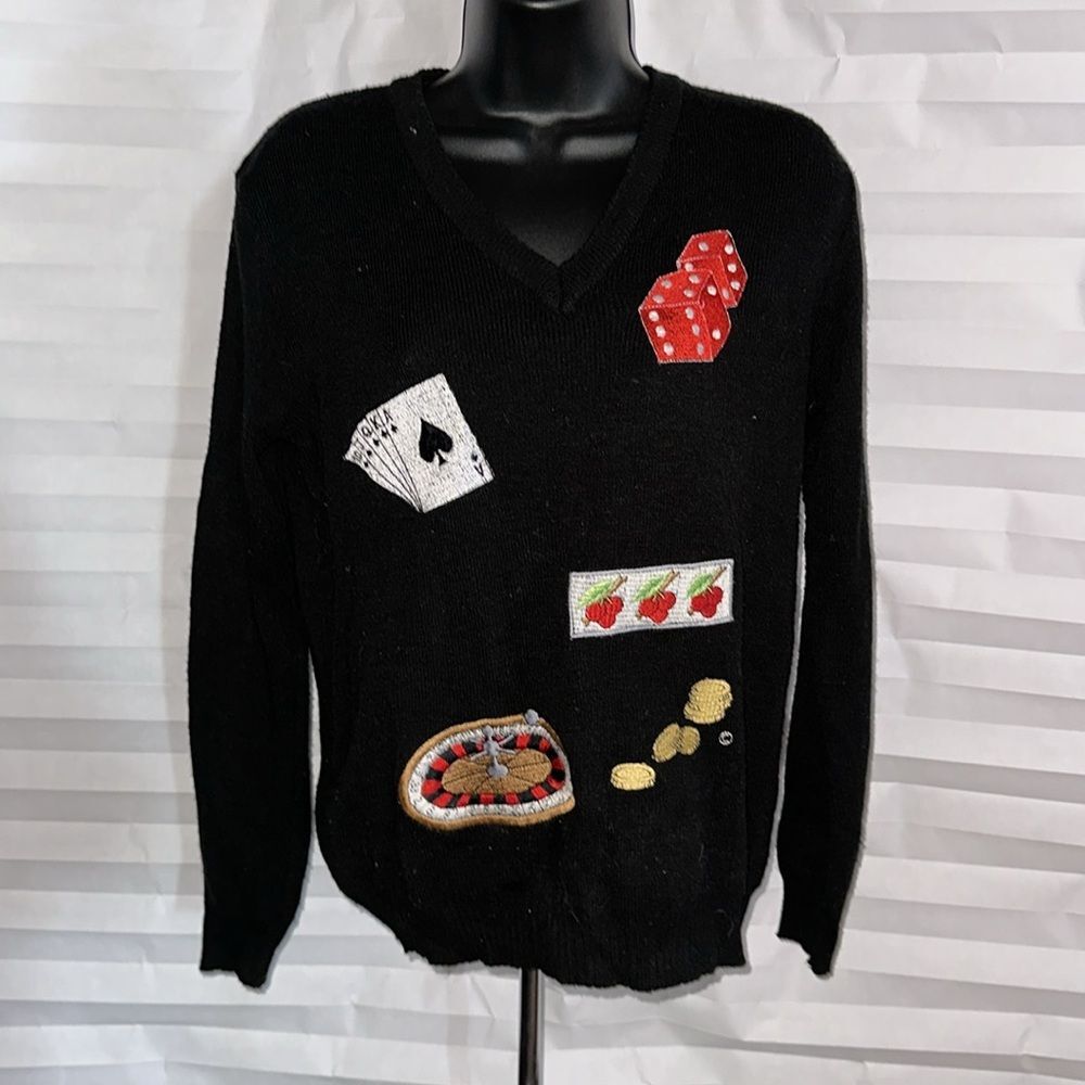 Shirlee Women’s Double Down Gambler Theme Sweater Black V-Neck Long Sleeve